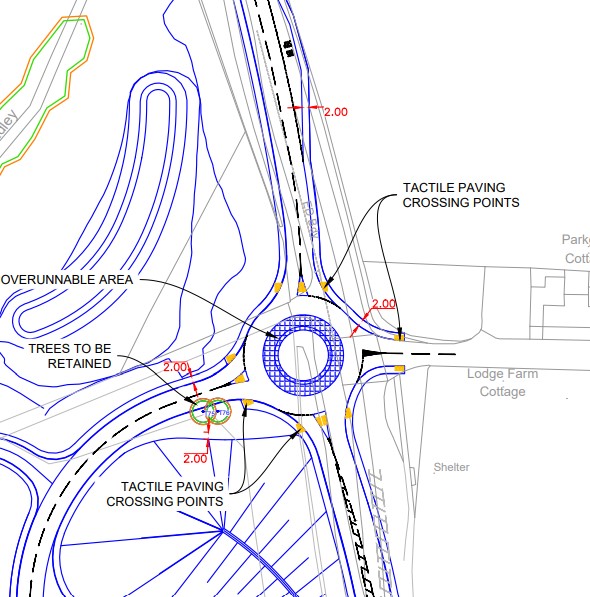 An example of a roundabout designed in AutoCAD with site lines, pedestrian infrastructure, vehicle tracking appropriate for preliminary planning