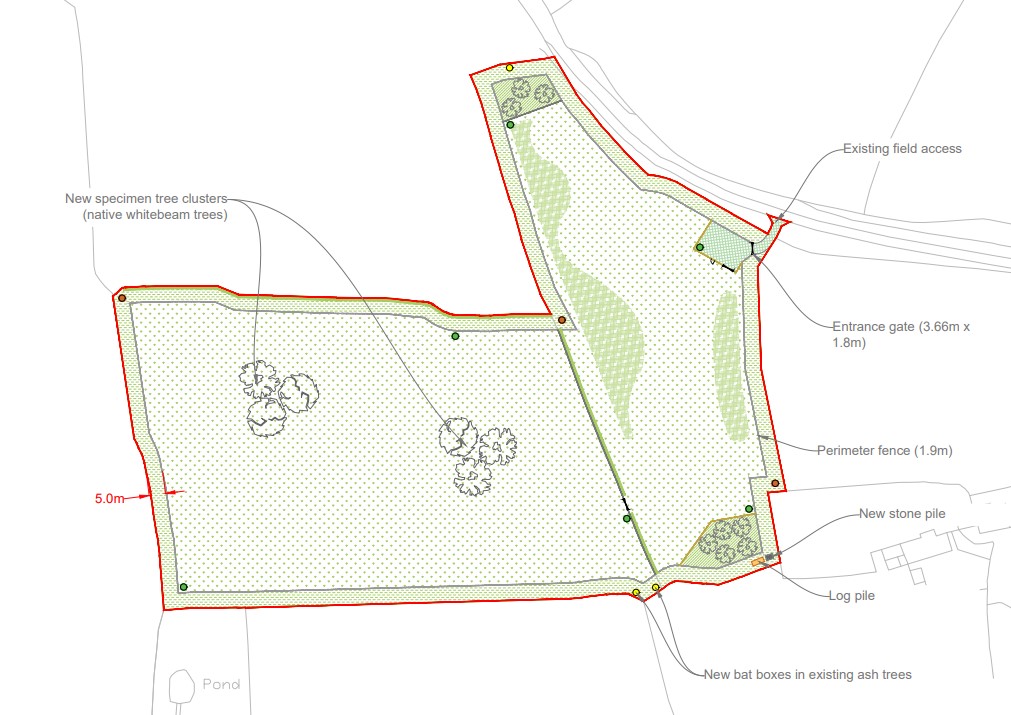 A site layout plan showing my design input with unique hatch patterns and a low impact approach to planning applications