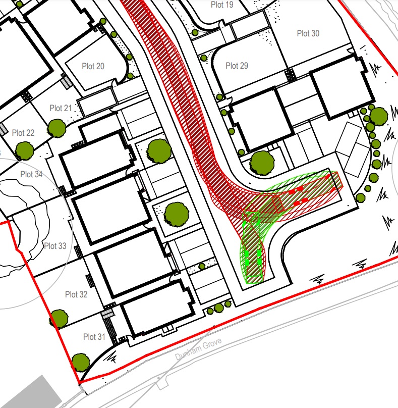 An example of swept path analysis or vehicle tracking using AutoCAD illustrating the movements of a vehicle through a site layout for a planning application for residential uses