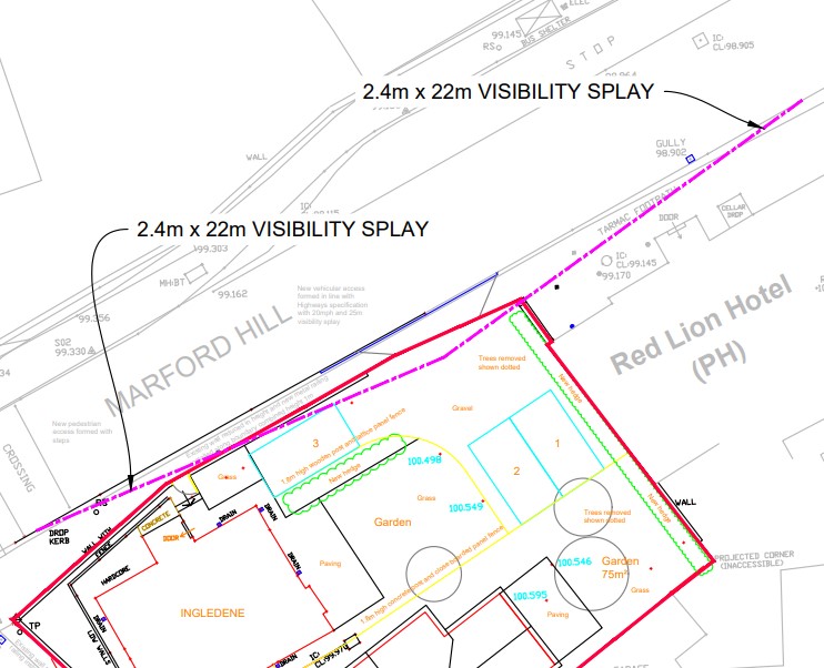 A drawing showing 2.4m visibility splays drawn in AutoCAD in accordance with Manual for Streets (MfS) and the Design Manual for Roads and Bridges (DMRB)