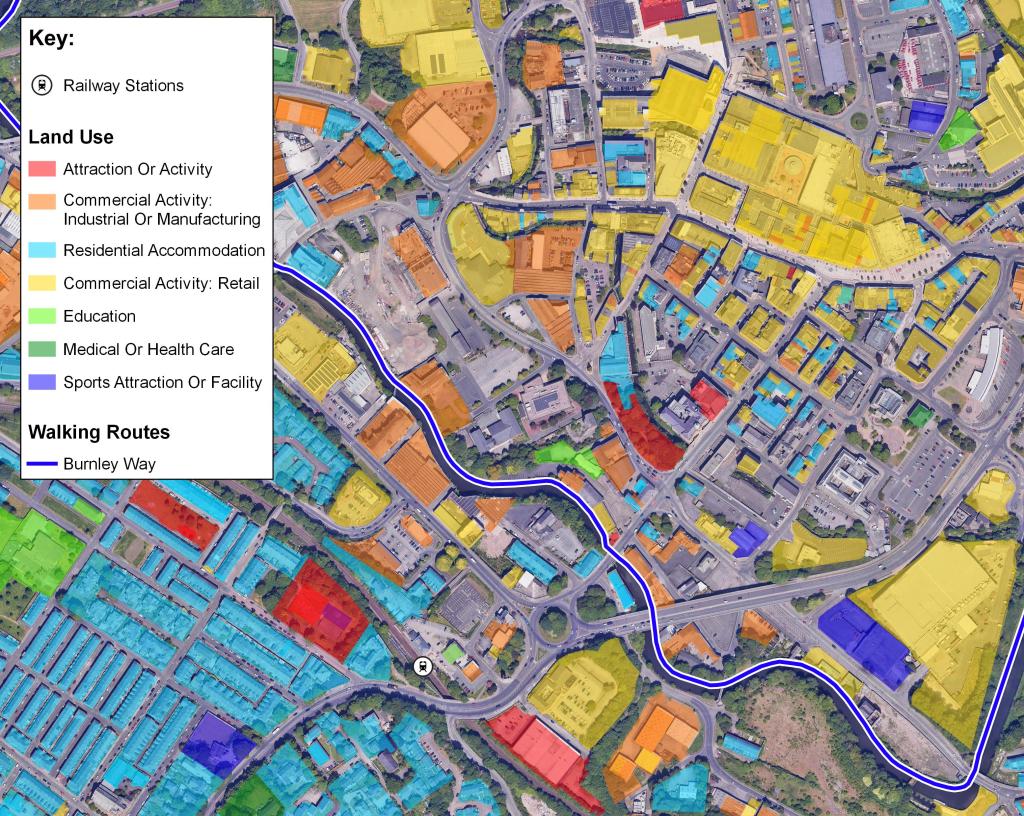 Walking and cycle catchments in GIS with local amenities, walking and cycling routes and land use. An example of OS land use mapping in GIS combined with walking and cycle catchments, railway stations and walking routes