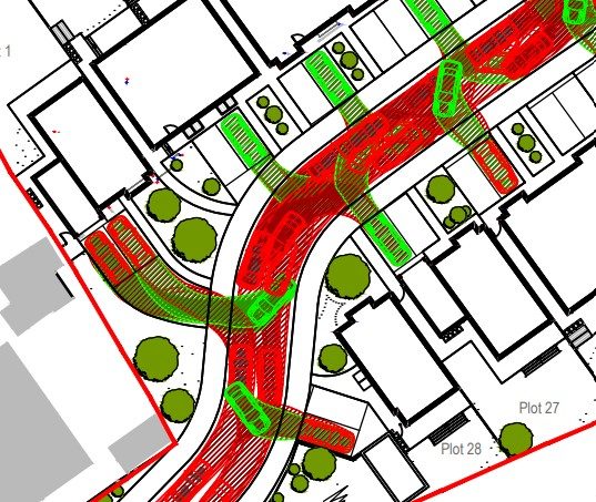 Example of car parking design including car parking standards, Manual for Streets compliance and swept path analysis (vehicle tracking)