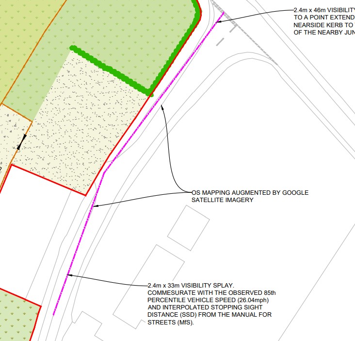 2.4m visibility splays drawn in accordance with Manual for Streets (MfS) and Design Manual for Roads and Bridges (DMRB) for an agricultural or residential development. Ensuring sightlines from an access junction in both directions